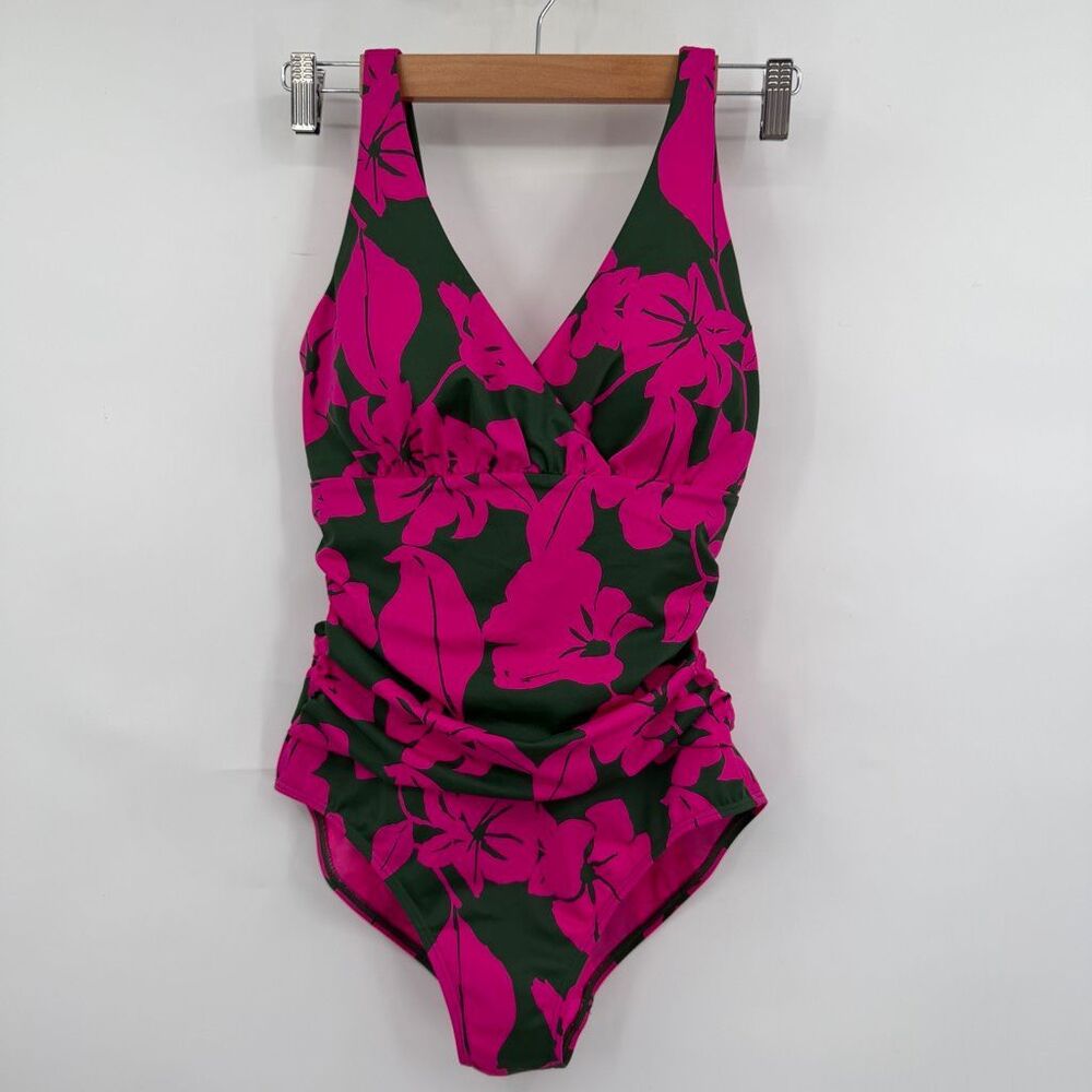 Boden One Piece Swimsuit US 6R Pink Green Floral Ruched V Neck Tummy Control